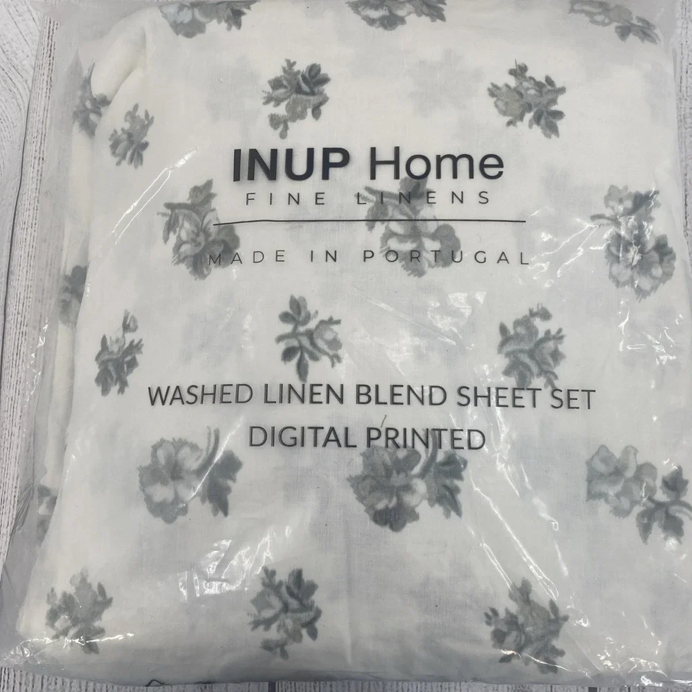 INUP Home Sheet Set QUEEN White Gray Floral Washed Linen Blend Natural Crisp